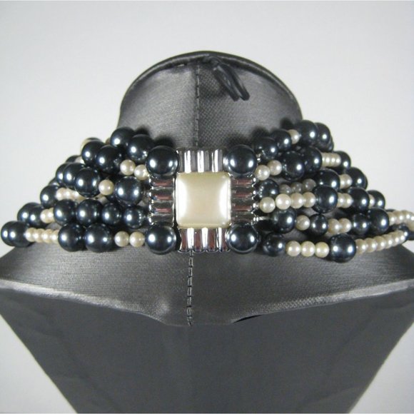 Imitation Pearl Necklace 20 Inch Silvertone Collar Beaded Statement Multi-Stran - Picture 9 of 11